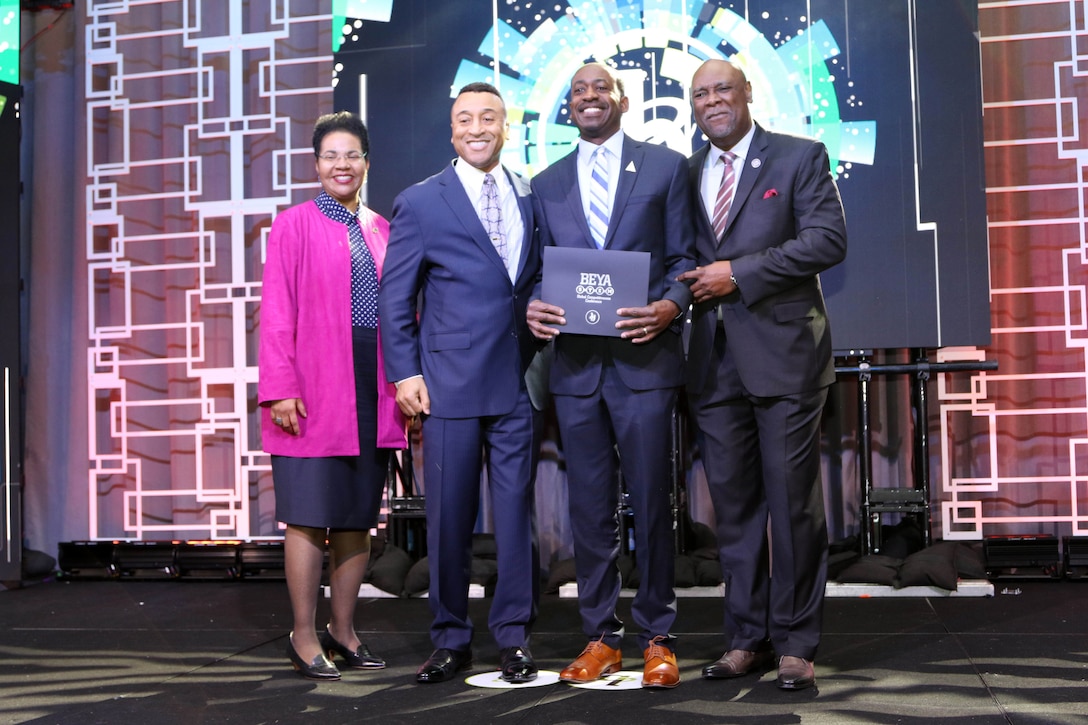 Allan Steele (Second from right), senior electrical engineer with the U.S. Army Corps of Engineers Nashville District’s Hydropower Section, is honored as a “Modern-Day Technology Leader” during the 34th Black Engineer of the Year Awards Technology Recognition Luncheon Feb. 14, 2020 in Washington D.C.  Dr. Robin N. Coger, dean of the College of Engineering at North Carolina A&T University, Marsh M. Williams (Second from Left), principle deputy assistant secretary of the Army, and Dr. Kendall Harris, provost and vice president of Academic Affairs at Texas Southern University, made the presentation. (Courtesy Asset)