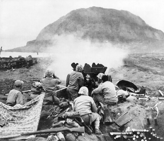 Marines fire on Japanese fortifications on Iwo Jima on, or shortly after, Feb. 19, 1945.