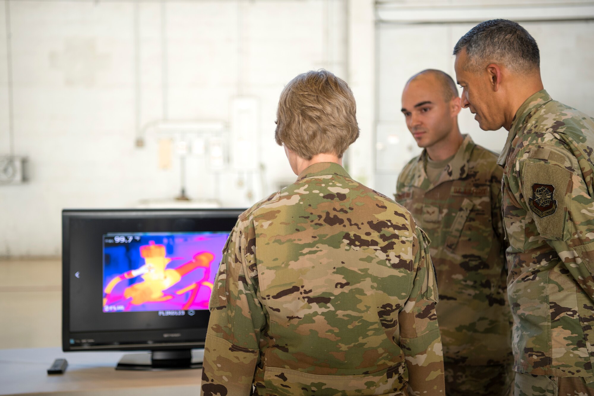 U.S. Air Force Gen. Maryanne Miller, Air Mobility Command commander, and Chief Master Sgt. Terrence Greene, AMC command chief, are briefed on the use of thermal imaging to detect faults in the aircraft at MacDill Air Force Base, Fla., Feb. 13, 2020. Thermal imaging cameras were recently implemented as part of the wing’s “Fuel Tank” program, which gives Airmen the opportunity to present innovative ideas to leadership.