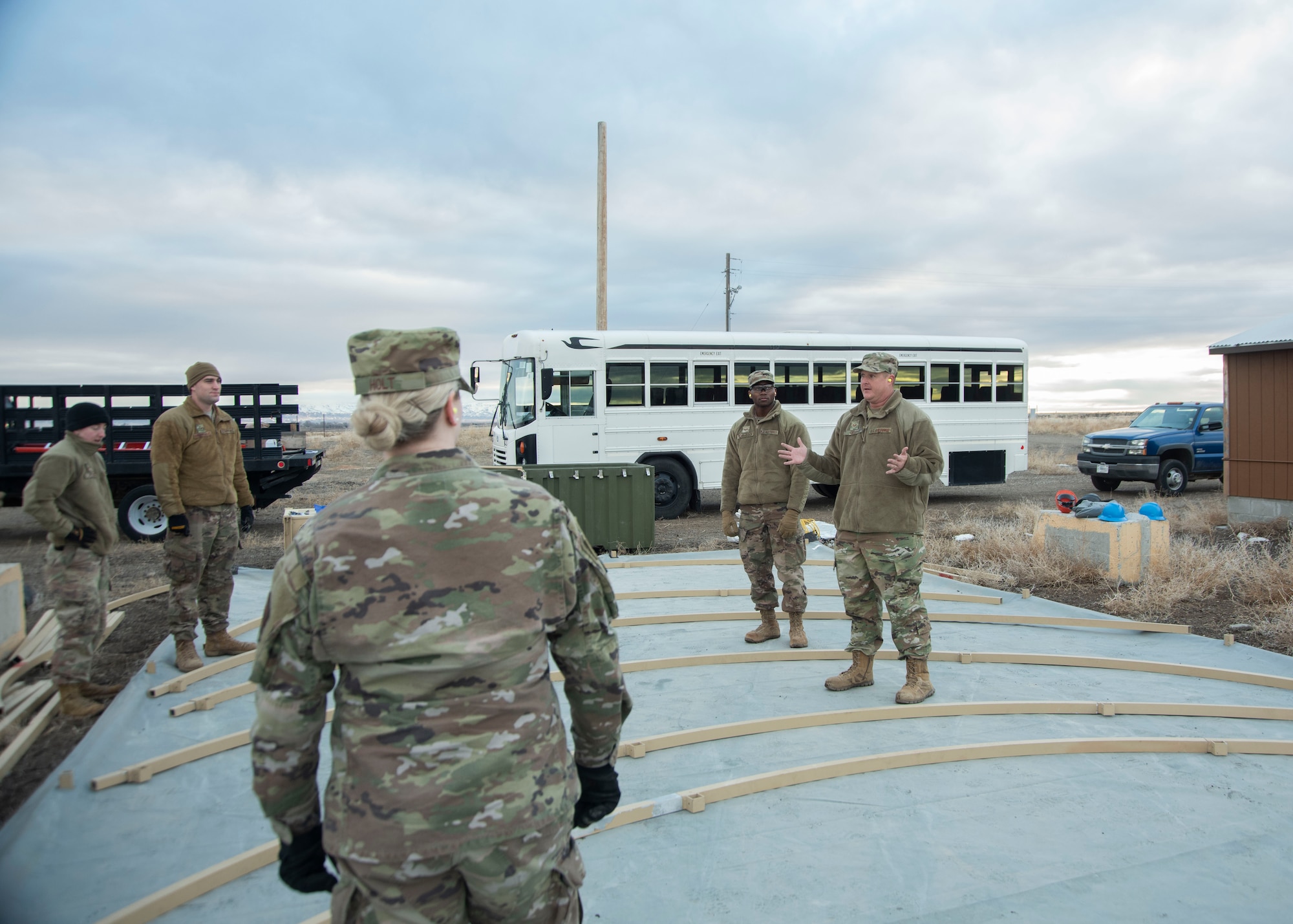 U.S. Air Force Staff Sgt. James Gray, 366th Civil Engineering Squadron structural craftsman, begins his instruction on building a tent, Jan. 23, 2020, on Mountain Home Air Force Base, Idaho. This training prepares Airmen for obstacles in future deployments. (U.S. Air Force photo by Airman 1st Class Akeem K. Campbell)