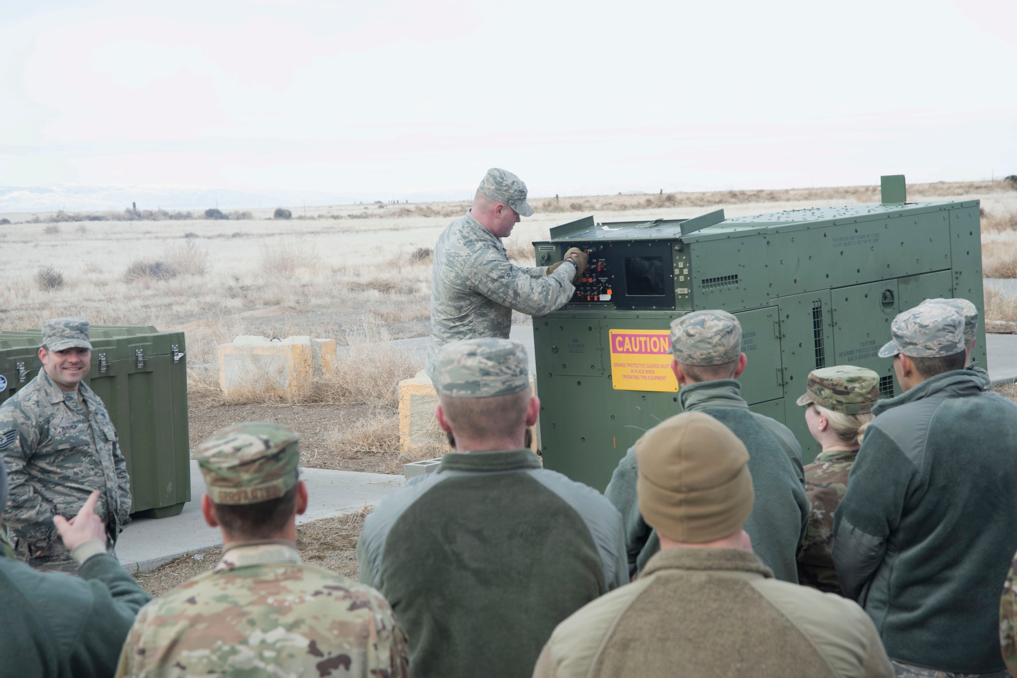 U.S. Air Force Airman Zachary Burkett, 366th Logistics Readiness Squadron material manager, turns on the generator, Jan. 23, 2020, on Mountain Home Air Force Base, Idaho. The Base Emergency Engineer Force training enhances readiness and equips Airmen with skills from other career fields. (U.S. Air Force photo by Airman 1st Class Akeem K. Campbell)