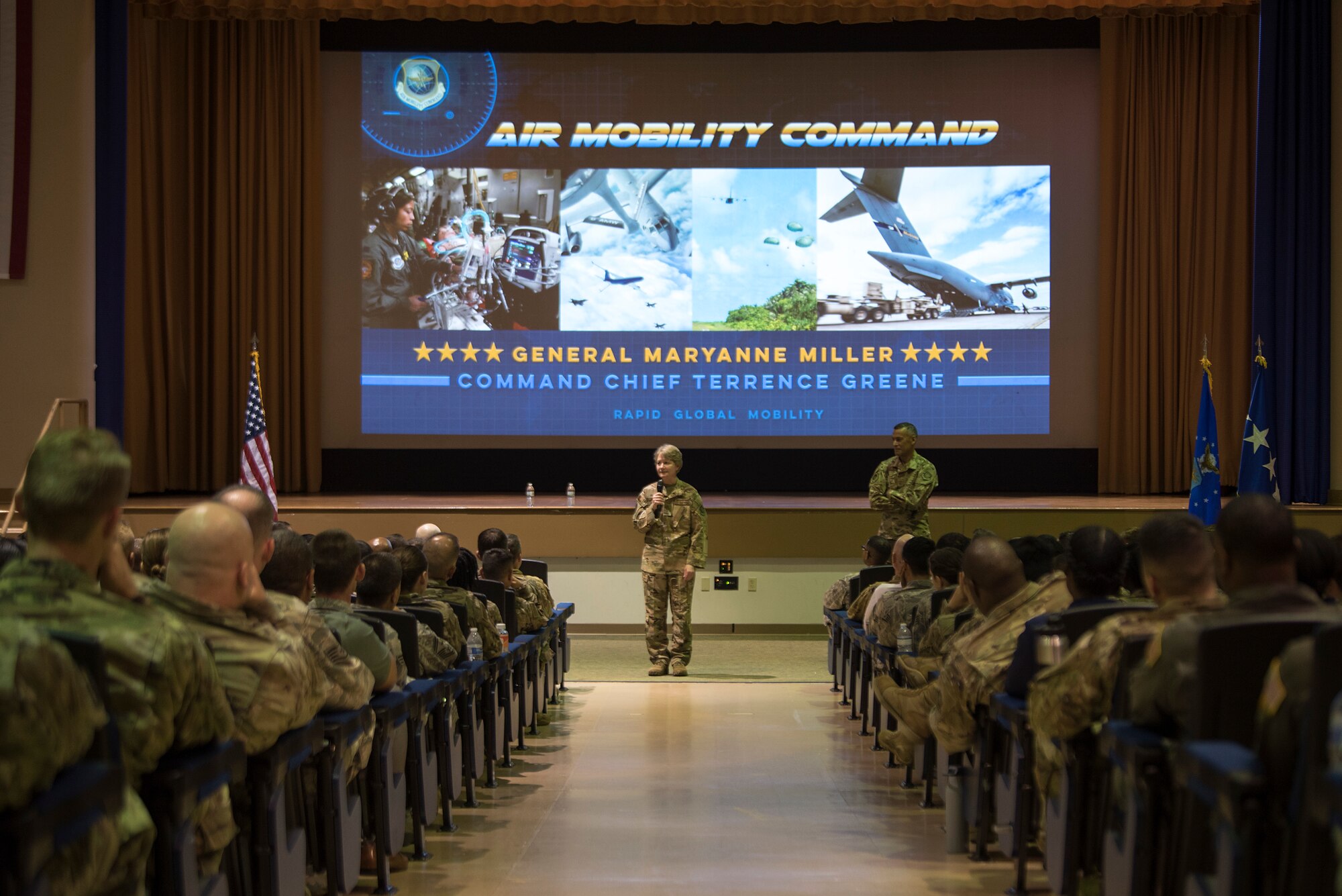 U.S. Air Force Gen. Maryanne Miller, Air Mobility Command commander, speaks to 6th Air Refueling Wing Airmen during an all-call at MacDill Air Force Base, Fla., Feb. 13, 2019. Miller spoke about advancing warfighting capabilities and the future of AMC.