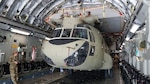 Soldiers of the 1107th Theater Aviation Sustainment Maintenance Group work to offload a CH-47 (Chinook) helicopter at Camp Buehring, Kuwait, Feb. 03, 2020. (Courtesy photo)