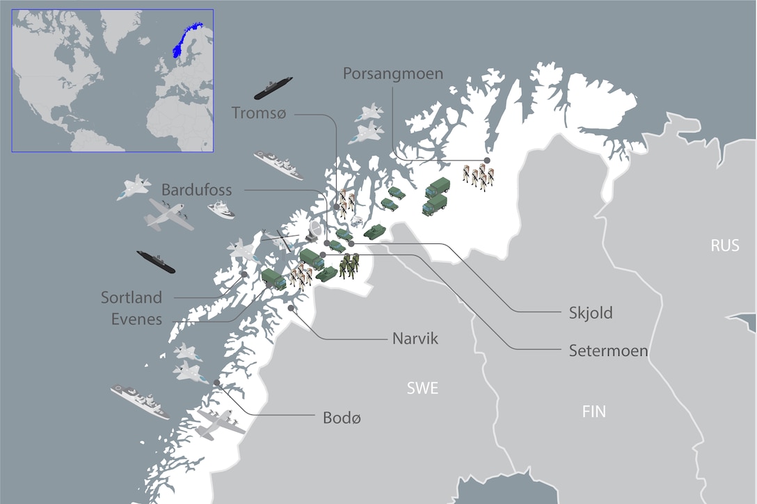 A map shows northern Norway. Inset is a smaller map of nations bordering the Atlantic Ocean, with Norway highlighted in blue.