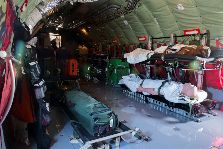 An aeromedical evacuation configuration for a Fairchild Air Force Base KC-135 Stratotanker is fully functional and ready for an AE training mission at Travis Air Force Base, California, Feb. 11, 2020. During aeromedical evacuation missions, two flight nurses and three medical technicians are added to the KC-135 flight crew. This makes boom operators consider changes in weight, balance, equipment storage concerns and the needs of medics and patients to ensure effective communication between all personnel throughout the different phases of flight.
(U.S. Air Force photo by Senior Airman Lawrence Sena)