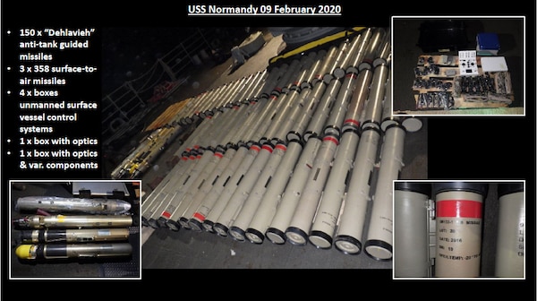 This slide provides a look at the breadth of weapons and components seized by the USS NORMANDY in February. You can see the anti­tank weapons, the surface-to-air missiles, and various electronic components for unmanned systems.