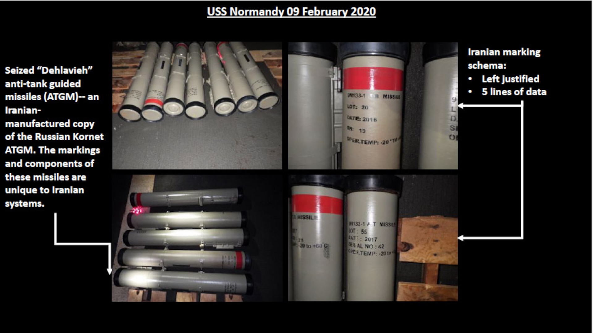 Here's a slide showing some of the 150 missiles seized by the USS NORMANDY in February. The United States assesses these missiles are, again, the Iranian DEH-LA-VIA anti-tank guided missile.  You can see all the same telltale signs.