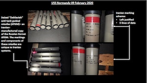 Here's a slide showing some of the 150 missiles seized by the USS NORMANDY in February. The United States assesses these missiles are, again, the Iranian DEH-LA-VIA anti-tank guided missile.  You can see all the same telltale signs.