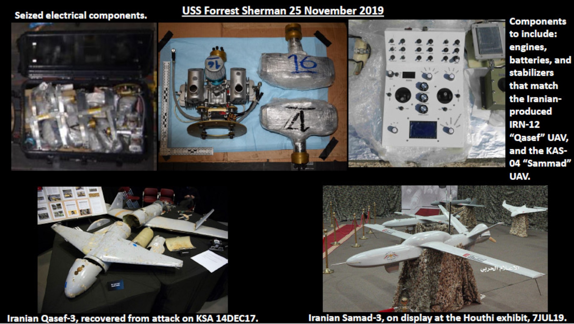 The shipment interdicted by the USS FORREST SHERMAN in November included several unmanned-aerial system components--including engines and related parts, as well as servos used to move control surfaces and to regulate the throttle.