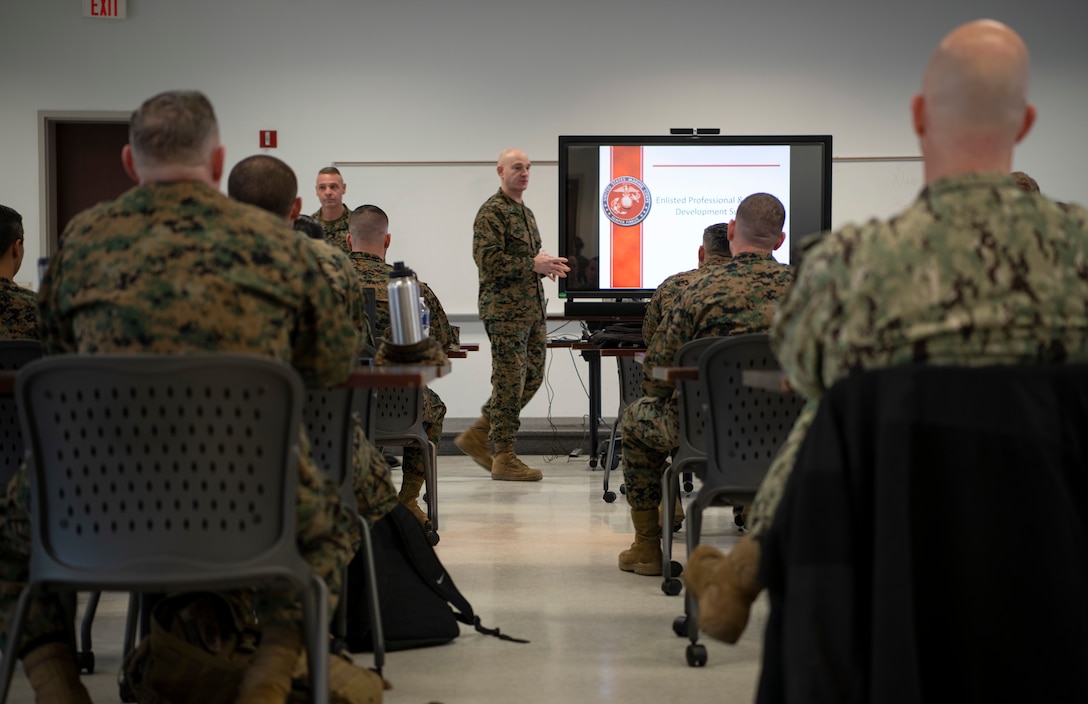 U.S. Marine Corps Sergeant Major of the Marine Corps Sgt. Maj. Troy E. Black speaks with Marines, Sailors and civilians during the Enlisted Professional and Personal Development Summit at Marine Corps Base Quantico, Va., Feb. 3, 2020. The attendees were solicited to provide the Commandant of the Marine Corps with opinions and recommendations on how to improve education, health, recruitment, and retainment of Marines in a professional environment.