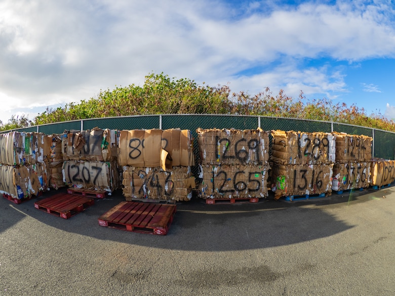 Cardboard bales after staff have sorted and prepared it for shipping.