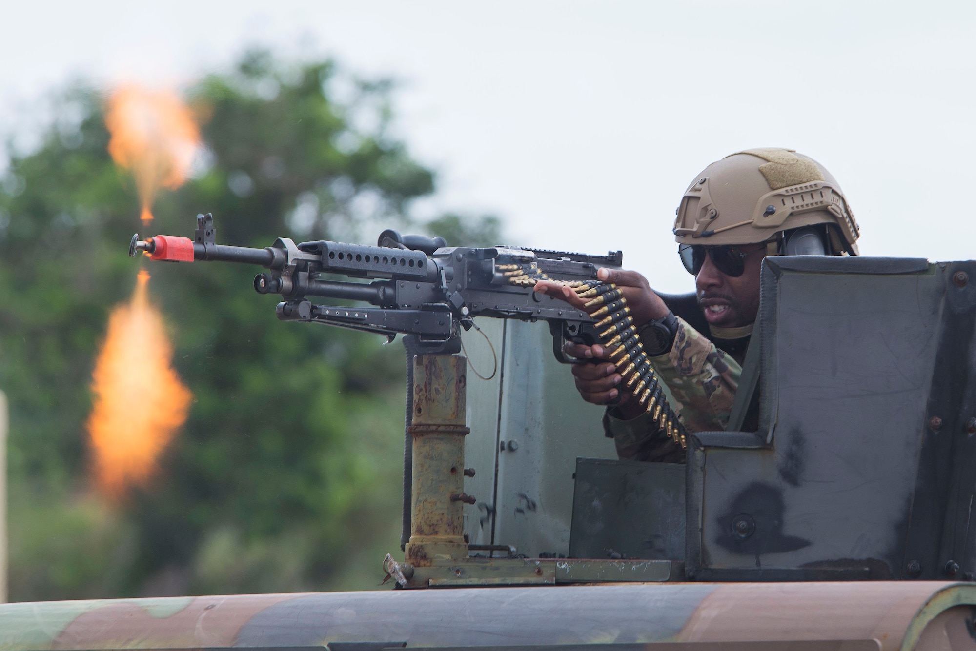 U.S. Air Force Staff Sgt. Okiem Nixon, 736th Security Forces Squadron Commando Warrior noncommissioned officer in charge of combat arms, fires at a simulated threat during Pacific Defender 20-1 at the Pacific Regional Training Center near Andersen Air Force Base, Guam, Feb. 11, 2020.