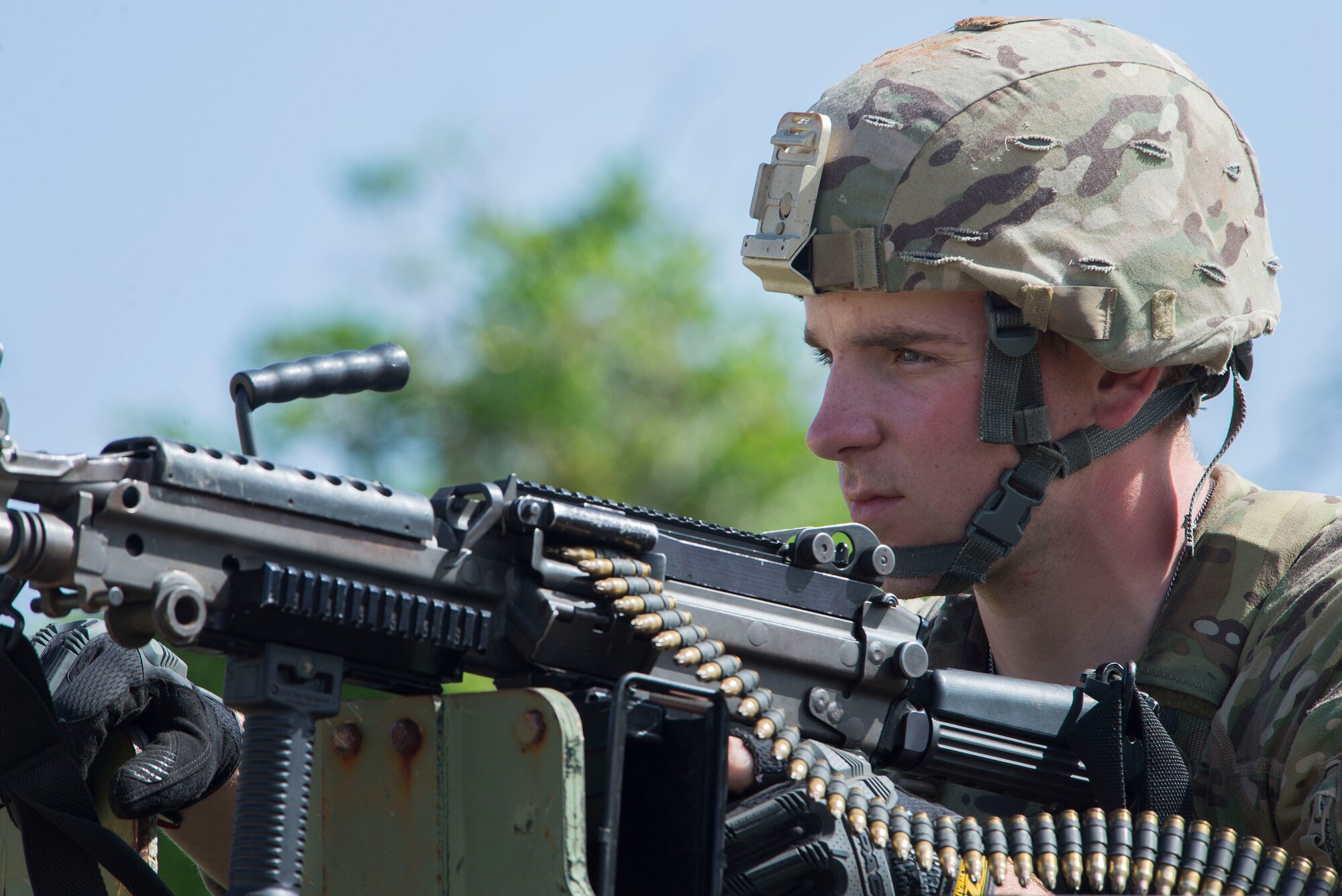 U.S. Air Force Airman 1st Class Brandon Schleis, 824th Base Defense Squadron fire team member, stands guard over a simulated forward operating base during the field application portion of Pacific Defender 20-1 at the Pacific Regional Training Center near Andersen Air Force Base, Guam, Feb. 13, 2020.