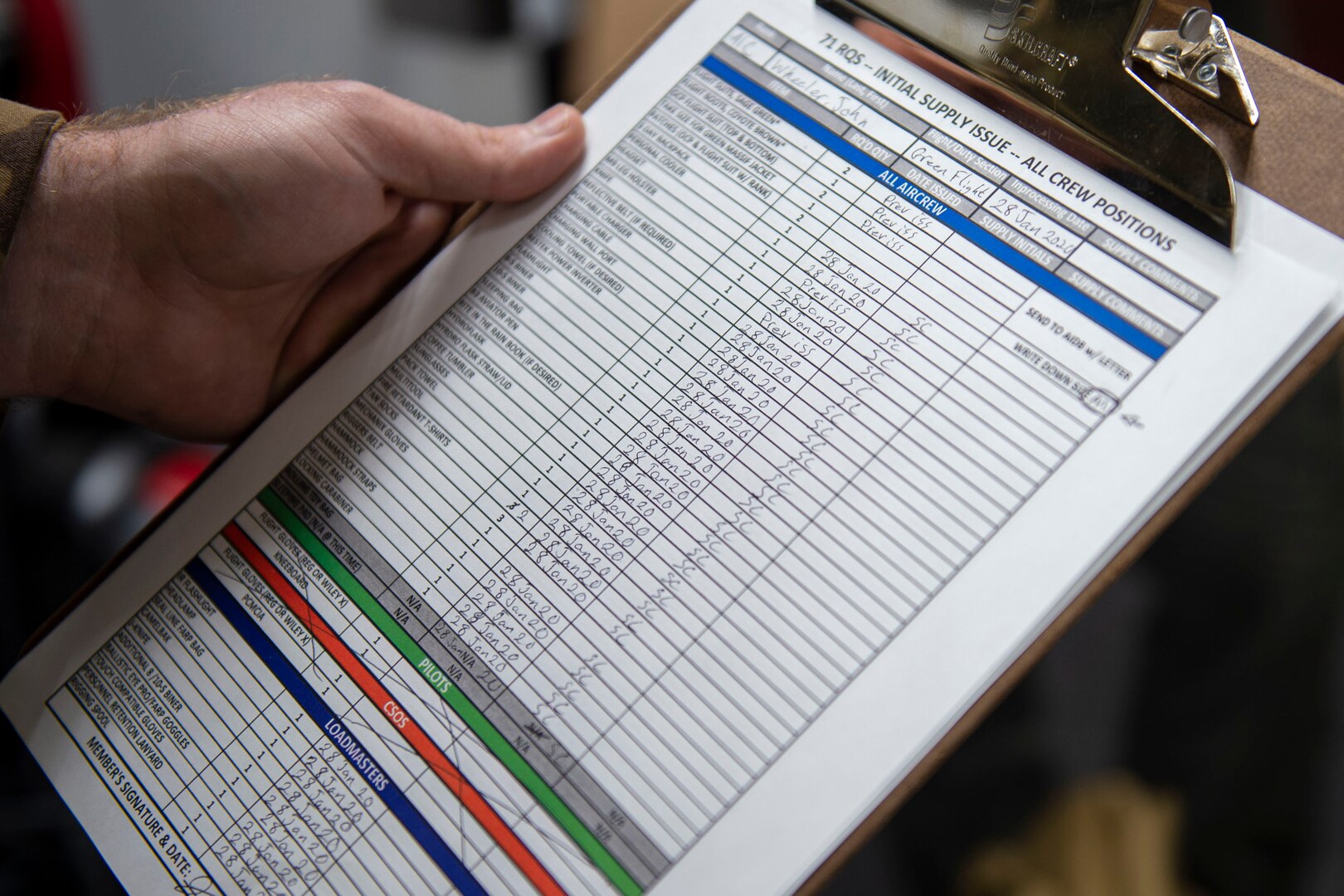 Photo of an Airman checking off a list of issued equipment.