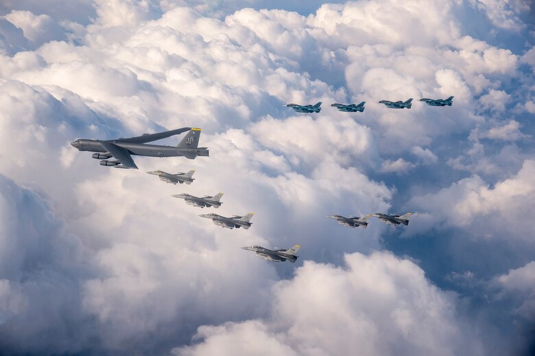 A U.S. Air Force B-52H Stratofortress from Minot Air Force Base, North Dakota, and six F-16 Fighting Falcons from Misawa Air Base, Japan, conduct bilateral joint training with four Japan Air Self-Defense Force F-2's off the coast of Northern Japan, Feb. 4, 2020.