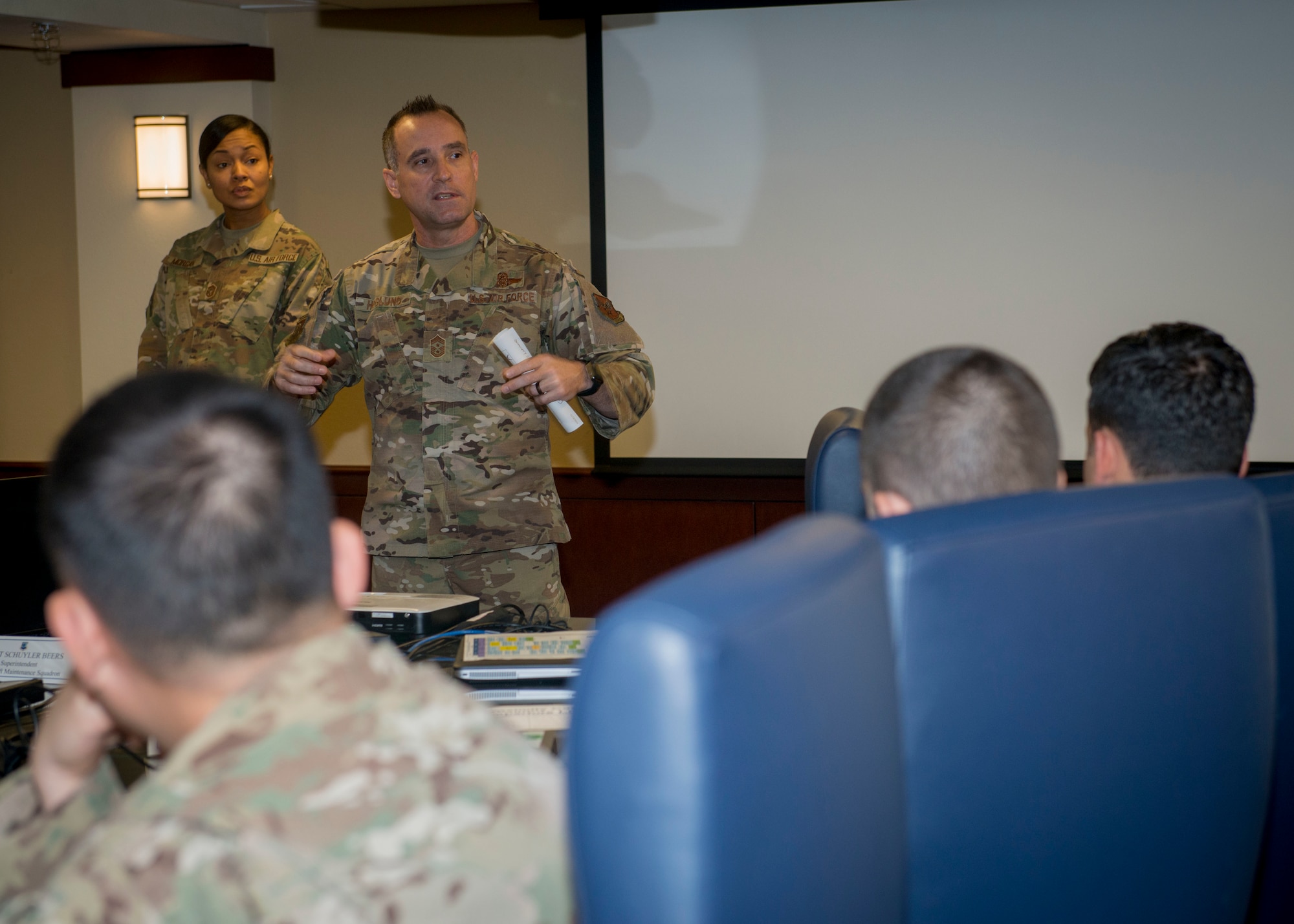 Photo of Chief Master Sgt. Daniel Hoglund, AFPC’s command chief speaking to squadron leaders in the Boles Conference room at Joint Base San Antonio-Randolph, Texas.