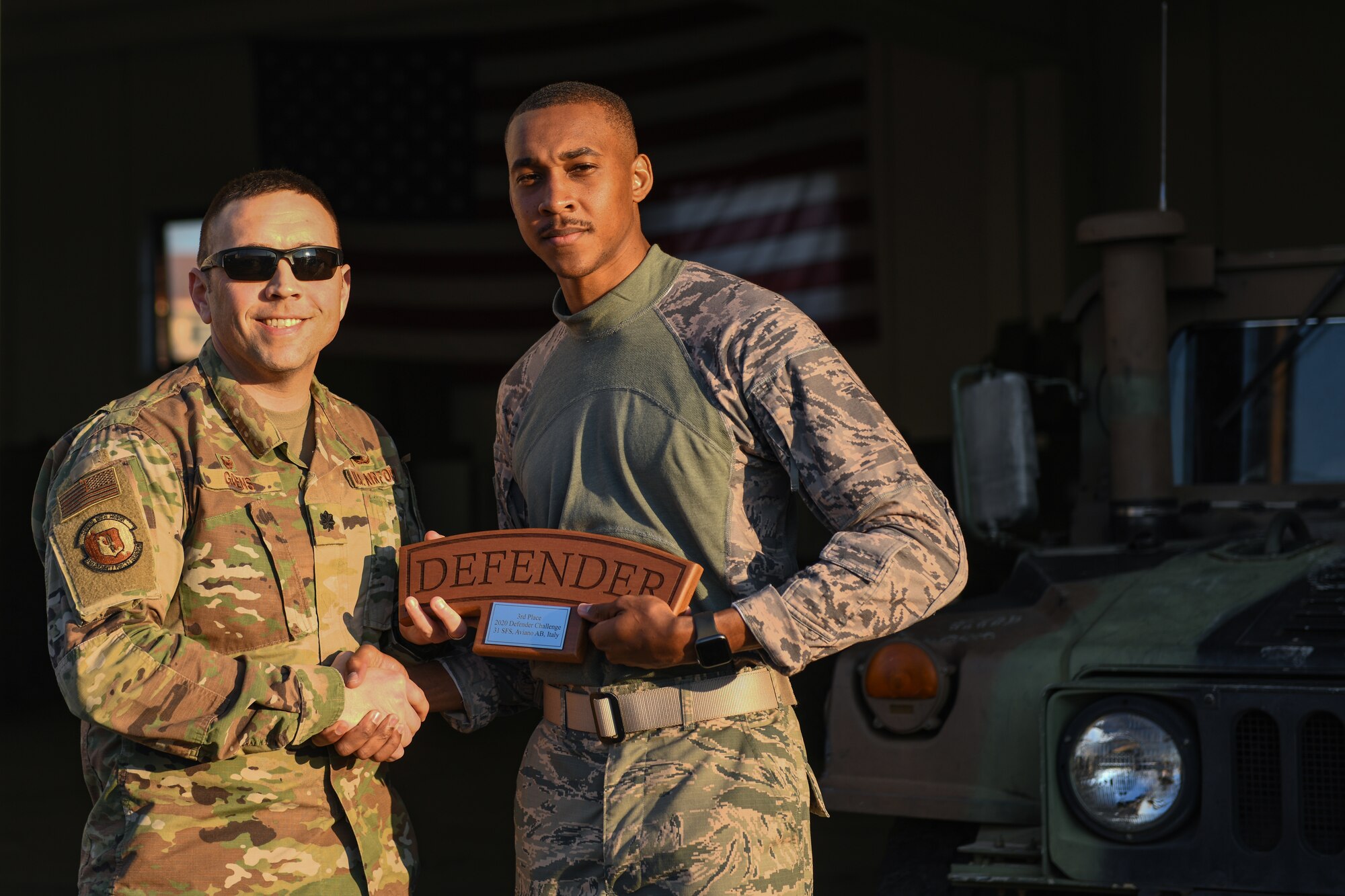 U.S. Air Force Lt. Col. Jesse Goens, 31st Security Forces Squadron commander, presents Aviano’s 2020 Defender Challenge award to U.S. Air Force Airman 1st Class Marcus Lafleur, 31st SFS member at Aviano Air Base, Italy, Feb. 14, 2020. Lafleur won third place. (U.S. Air Force photo by Airman 1st Class Ericka A. Woolever)