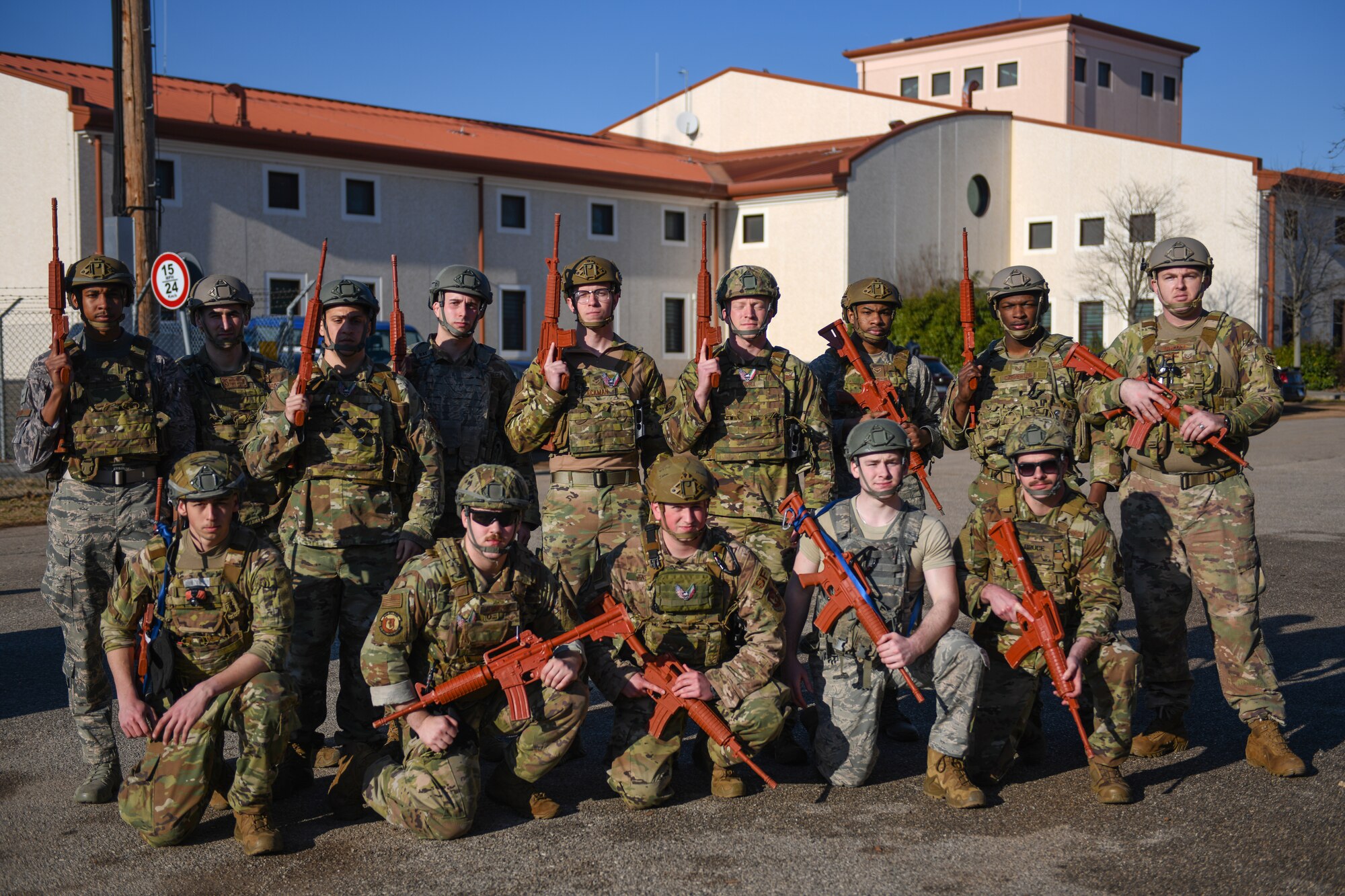 U.S. Airmen from the 31st Security Forces Squadron pose for a photo at Aviano Air Base, Italy, Feb. 14, 2020. The 31st SFS maintains installation force protection during peacetime and wartime operations within eight separate base areas. (U.S. Air Force photo by Airman 1st Class Ericka A. Woolever)