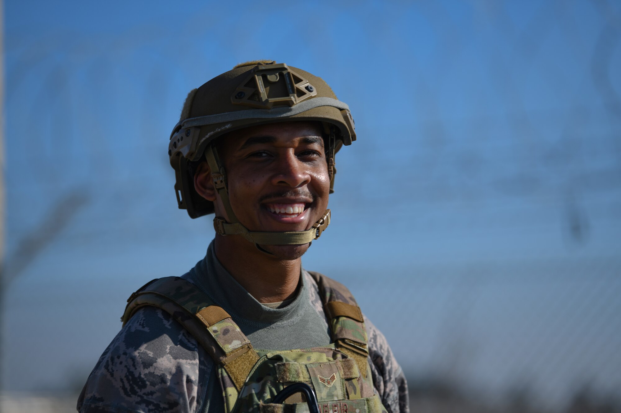 U.S. Air Force Airman 1st Class Marcus Lafleur, 31st Security Forces Squadron member, smiles at Aviano Air Base, Italy, Feb. 14, 2020. Twenty-one SFS members participated in 2020 Defenders Challenge which demonstrated endurance, strength, resiliency and tenacity. (U.S. Air Force photo by Airman 1st Class Ericka A. Woolever)