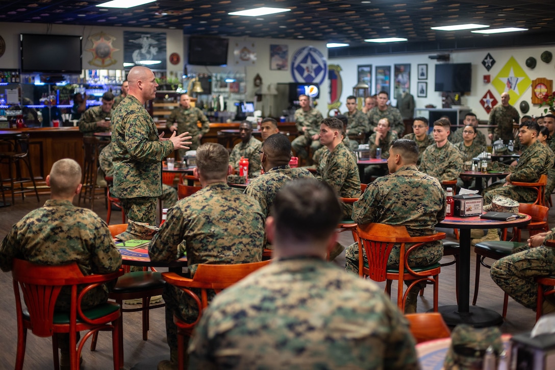 U.S. Marine Corps Sgt. Maj. Jason Jones, sergeant major 2nd Marine Logistics Group, speaks to sergeants at a Sergeant Symposium on Camp Lejeune, N.C. Feb.12, 2020. The symposium was held to encourage and develop sergeants through mentorship of senior leaders. (U.S. Marine Corps photo by Lance Cpl. Scott Jenkins)