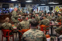 U.S. Marine Corps Sgt. Maj. Jason Jones, sergeant major 2nd Marine Logistics Group, speaks to sergeants at a Sergeant Symposium on Camp Lejeune, N.C. Feb.12, 2020. The symposium was held to encourage and develop sergeants through mentorship of senior leaders. (U.S. Marine Corps photo by Lance Cpl. Scott Jenkins)