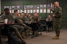 U.S. Marine Corps Sgt. Maj. Michael Martinet, sergeant major Combat Logistics Regiment 27, 2nd Marine Logistics Group, speaks to sergeants at a Sergeant Symposium on Camp Lejeune, N.C. Feb.12, 2020. The symposium was held to encourage and develop sergeants through mentorship of senior leaders. (U.S. Marine Corps photo by Lance Cpl. Scott Jenkins)