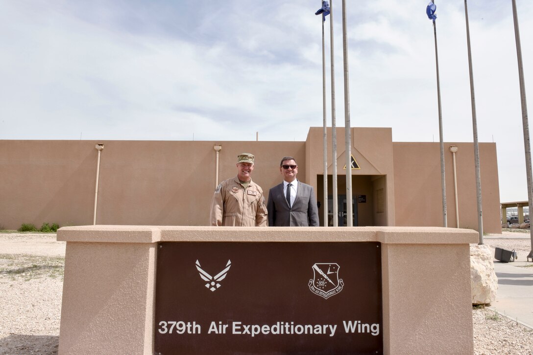 Brig. Gen. Daniel Tulley, commander of the 379th Air Expeditionary Wing, poses for a photograph with Janusz Janke, the Poland Ambassador to Qatar, at Al Udeid Air Base on Feb. 18, 2020. Janke visited with Airmen and learned about AUAB’s role in the U.S. Air Forces Central Command area of operations. (U.S. Air Force photo by Tech. Sgt. John Wilkes)