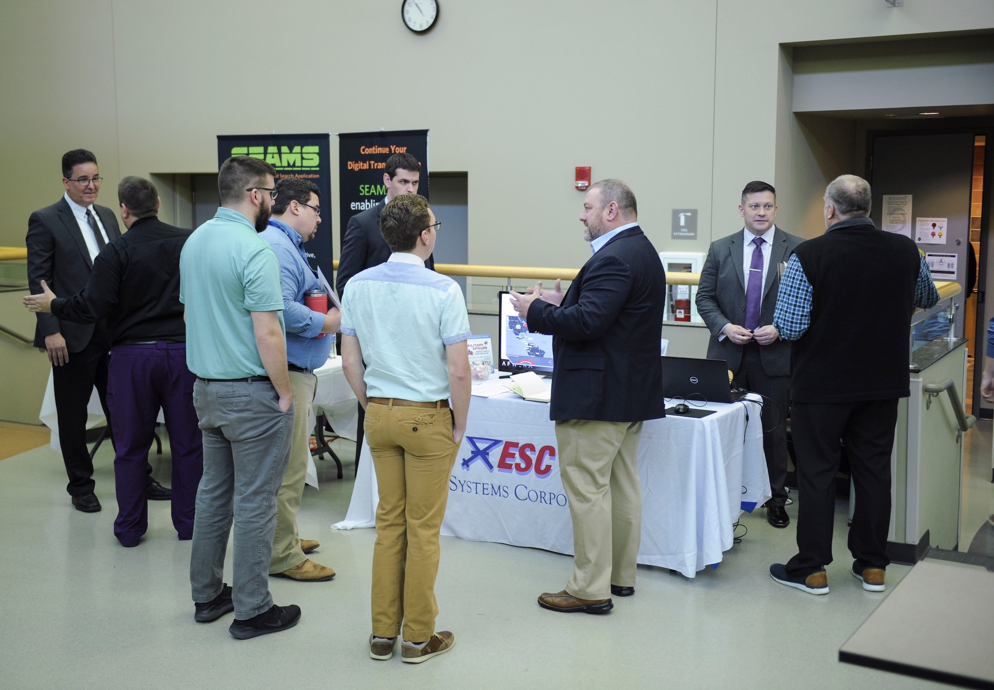 National Air and Space Intelligence Center members meet with representatives from a variety of technology companies during the Small Business Innovation Research Fair at Wright-Patterson AFB, Ohio, Feb. 6, 2020. The event showcased SBIR companies selected by NASIC subject matter experts as candidates to take on some of NASIC’s biggest technical challenges, artificial intelligence, machine learning, virtual reality, invisibility and big data. (U.S. Air Force photo by Staff Sgt. Seth Ray Stang.)