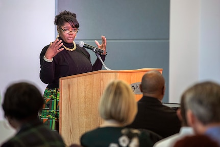 Valerie Scott, diversity and inclusion director at Norfolk Navy Shipyard, speaks at Puget Sound Naval Shipyard & Intermediate Maintenance Facility's African American Employee Resource Group community luncheon in honor of Black History Month at the Kitsap Conference Center Feb. 19. The luncheon was the fifth annual celebration held by PSNS & IMF and was attended by approximately 140 people, including both shipyard employees and partners.