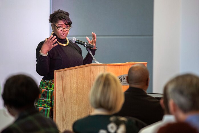 Valerie Scott, diversity and inclusion director at Norfolk Navy Shipyard, speaks at Puget Sound Naval Shipyard & Intermediate Maintenance Facility's African American Employee Resource Group community luncheon in honor of Black History Month at the Kitsap Conference Center Feb. 19. The luncheon was the fifth annual celebration held by PSNS & IMF and was attended by approximately 140 people, including both shipyard employees and partners.