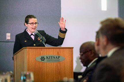 Capt. Dianna Wolfson, commander of Puget Sound Naval Shipyard & Intermediate Maintenance Facility, speaks at the shipyard's African American Employee Resource Group community luncheon in honor of Black History Month at the Kitsap Conference Center Feb. 19. The luncheon was the fifth annual celebration held by PSNS & IMF and was attended by approximately 140 people, including both shipyard employees and partners.