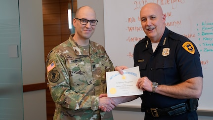 Capt. Charles Thompson, a full-time victim advocate for Utah National Guard’s Family Programs was recognized by Salt Lake City Police Department Chief Mike Brown during a command staff meeting at the Public Safety Building in Salt Lake City, “for going beyond the call of duty,” Feb. 12, 2020.