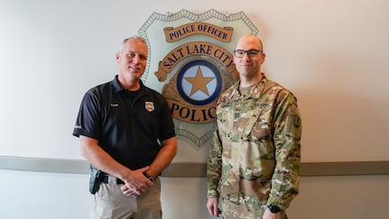 Capt. Charles Thompson, a full-time victim advocate for Utah National Guard’s Family Programs was recognized by Salt Lake City Police Department Chief Mike Brown during a command staff meeting at the Public Safety Building in Salt Lake City, “for going beyond the call of duty,” Feb. 12, 2020.