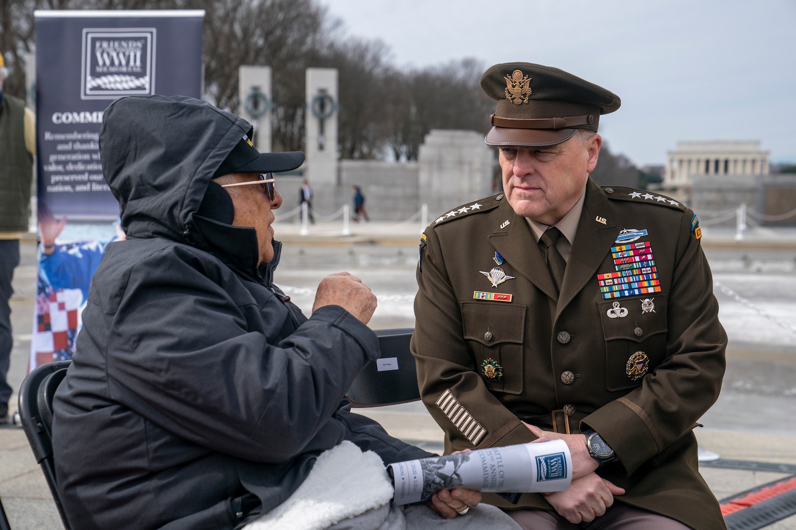 Army Gen. Mark A. Milley, chairman of the Joint Chiefs of Staff, and special guests participate in a ceremony and wreath presentation at the National World War II Memorial in Washington, D.C. to mark the 75th anniversary of the Battle of Iwo Jima. The 36 day-battle was part of a U.S. amphibious assault to capture the Japanese-held island of Iwo Jima, and resulted in a hard-fought American victory. Gen. Milley’s father, a Navy Corpsman with 4th Marine Division, was among the Marines who fought in the Battle of Iwo Jima.