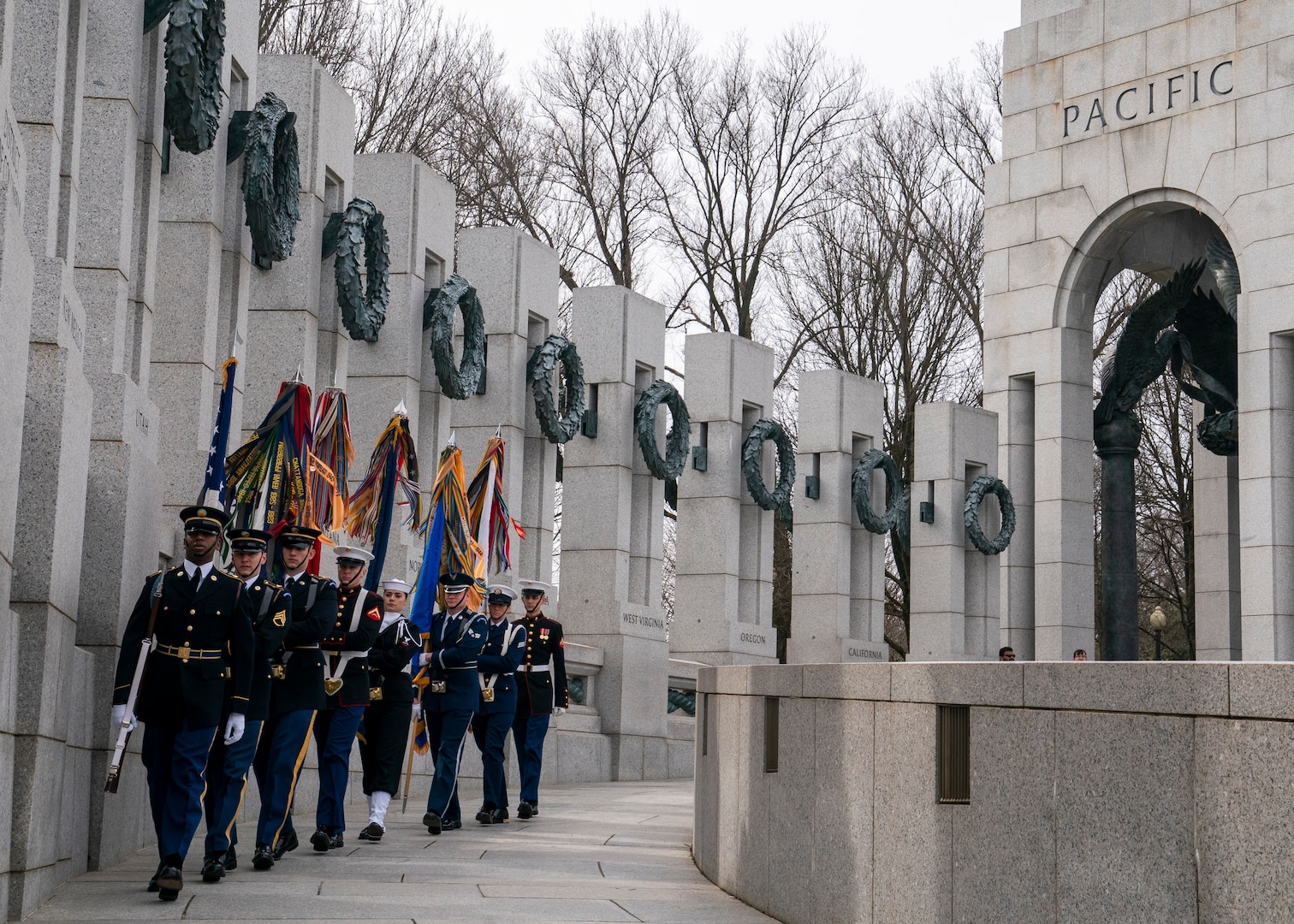 Army Gen. Mark A. Milley, chairman of the Joint Chiefs of Staff, and special guests participate in a ceremony and wreath presentation at the National World War II Memorial in Washington, D.C. to mark the 75th anniversary of the Battle of Iwo Jima. The 36 day-battle was part of a U.S. amphibious assault to capture the Japanese-held island of Iwo Jima, and resulted in a hard-fought American victory. Gen. Milley’s father, a Navy Corpsman with 4th Marine Division, was among the Marines who fought in the Battle of Iwo Jima.