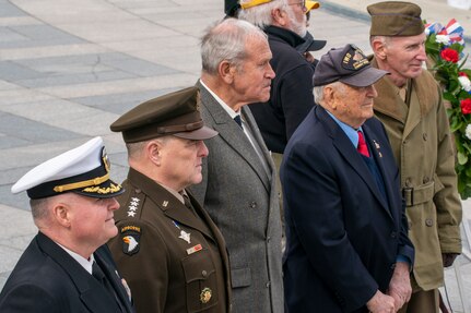 Army Gen. Mark A. Milley, chairman of the Joint Chiefs of Staff, and special guests participate in a ceremony and wreath presentation at the National World War II Memorial in Washington, D.C. to mark the 75th anniversary of the Battle of Iwo Jima. The 36 day-battle was part of a U.S. amphibious assault to capture the Japanese-held island of Iwo Jima, and resulted in a hard-fought American victory. Gen. Milley’s father, a Navy Corpsman with 4th Marine Division, was among the Marines who fought in the Battle of Iwo Jima.