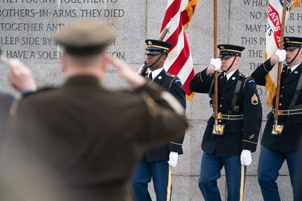 Army Gen. Mark A. Milley, chairman of the Joint Chiefs of Staff, and special guests participate in a ceremony and wreath presentation at the National World War II Memorial in Washington, D.C. to mark the 75th anniversary of the Battle of Iwo Jima. The 36 day-battle was part of a U.S. amphibious assault to capture the Japanese-held island of Iwo Jima, and resulted in a hard-fought American victory. Gen. Milley’s father, a Navy Corpsman with 4th Marine Division, was among the Marines who fought in the Battle of Iwo Jima.