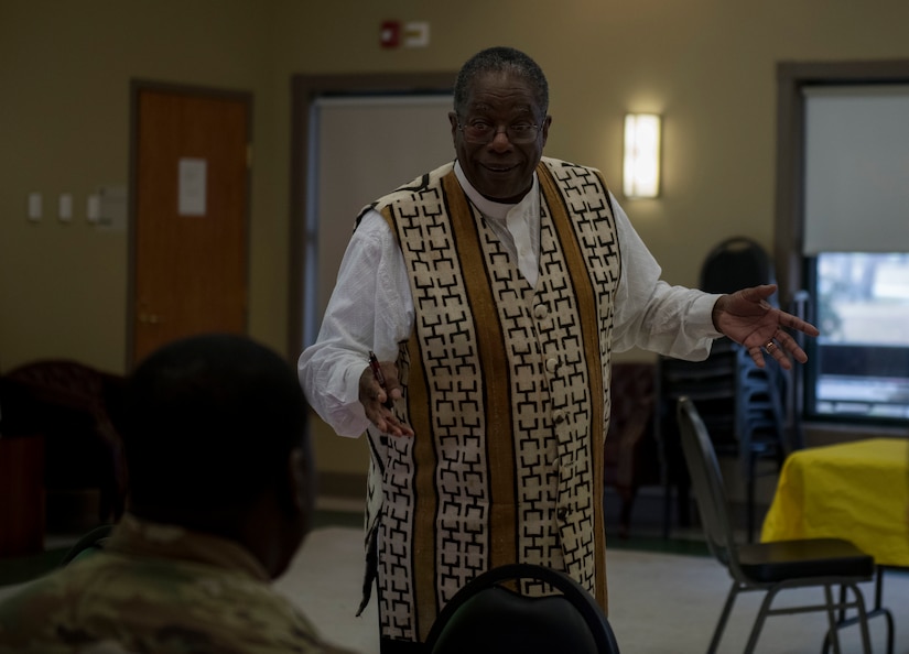 Jerome Harris, Charleston Area Branch of the Association for the Study of African American Life and History president, introduces the guest speaker at a luncheon discussing African Americans and their right to vote at the JB Charleston Chapel Annex, Feb. 13, 2020. The luncheon was one of many events JB Charleston is hosting to recognize Black History Month.