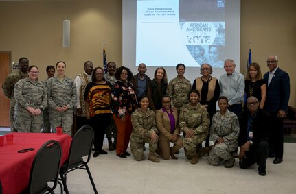 Members of Joint Base Charleston and the Charleston Area Branch of the Association for the Study of African American Life and History post for a group photo after a Black History Month luncheon discussing African Americans and their right to vote at the JB Charleston Chapel Annex, Feb. 13, 2020. The luncheon was one of many events JB Charleston is hosting to recognize Black History Month.