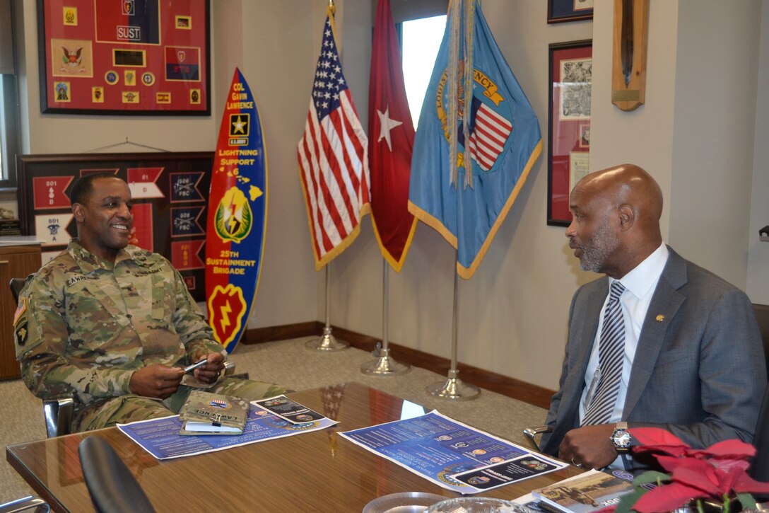Leaders discuss Troop Support mission around the table.