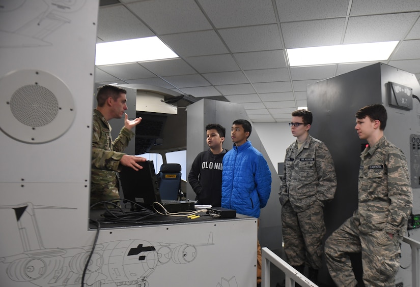 Civil Air Patrol cadets are briefed by Airmen from the 373rd Training Squadron, Detachment 5, Joint Base Charleston, S.C., Feb. 11, 2020. The CAP performs services for the federal government as the official civilian auxiliary of the Air Force and performs other missions as a nonprofit organization.