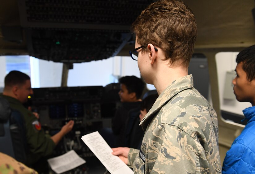 Civil Air Patrol cadets are briefed by Airmen from the 373rd Training Squadron, Detachment 5, Joint Base Charleston, S.C., Feb. 11, 2020. The CAP performs services for the federal government as the official civilian auxiliary of the Air Force and performs other missions as a nonprofit organization.