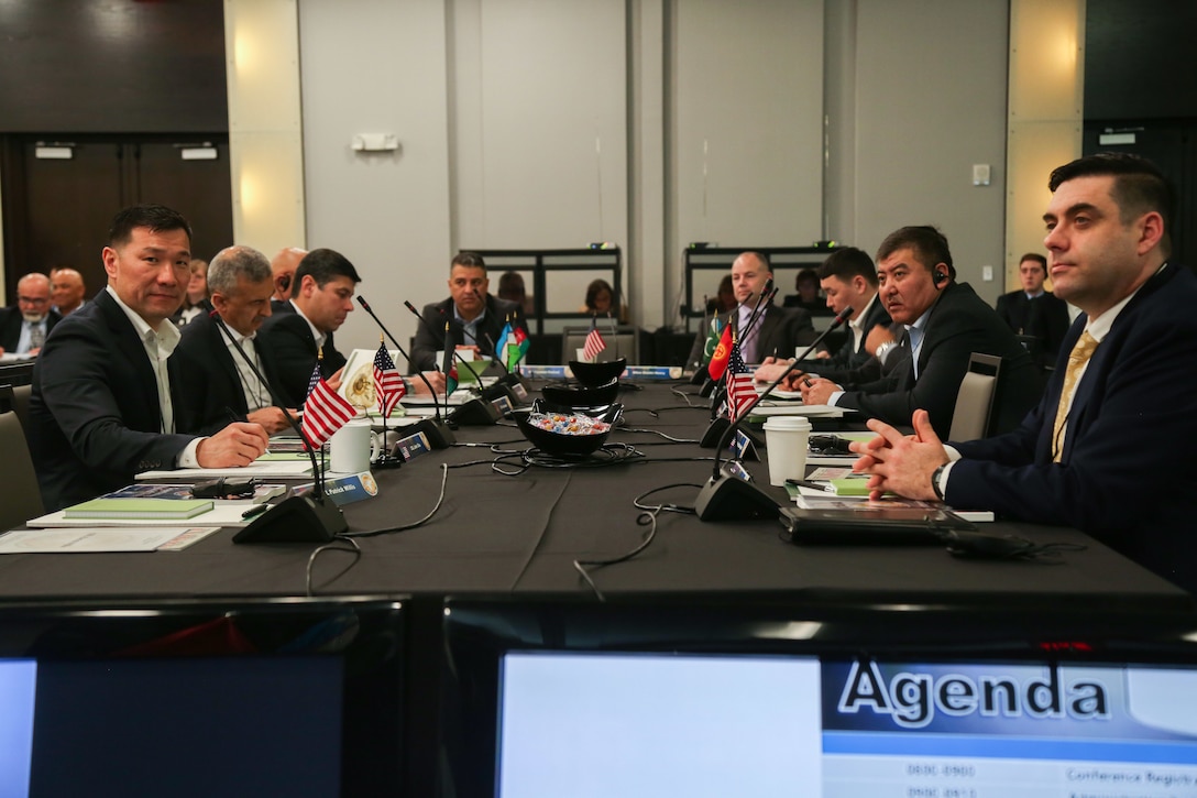 Directors of Military Intelligence (DMI) and subject matter experts listen to a presentation during the 2020 Central and South Asia (CASA) DMI conference hosted by U.S. Central Command (USCENTCOM), Feb. 10, 2020. The event brought together Directors of Military Intelligence from Central and South Asia and subject matter experts from America’s intelligence and academic community to discuss best practices on how to counter hybrid threats that affect the USCENTCOM region. (U.S. Central Command Public Affairs photo by Tom Gagnier)