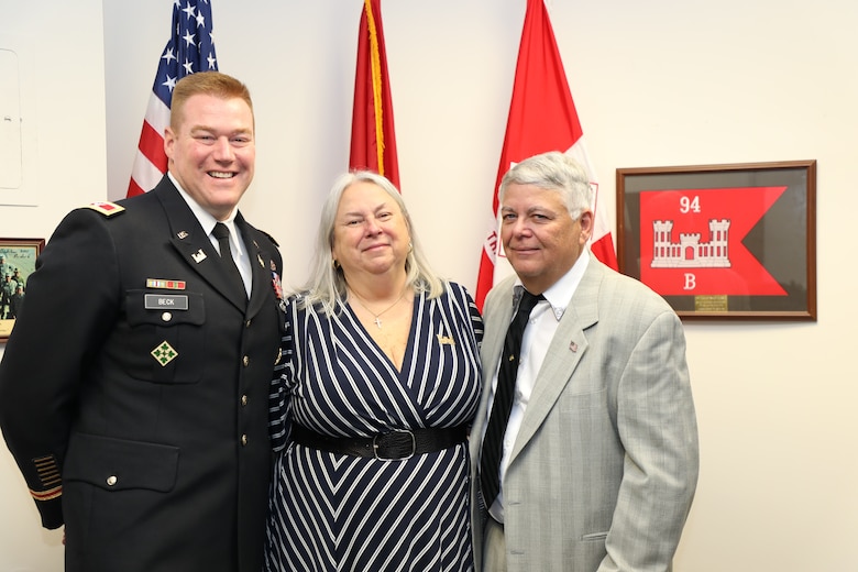 Former Transatlantic Division employee Jo-Ann Evans and her spouse James have an office call with TAD Commander Col. Christopher Beck. Evans was one of two individuals inducted into TAD’s new Gallery of Distinguished Civilians during a ceremony held Feb. 20, 2020 at TAD’s Headquarters in Winchester, Va.