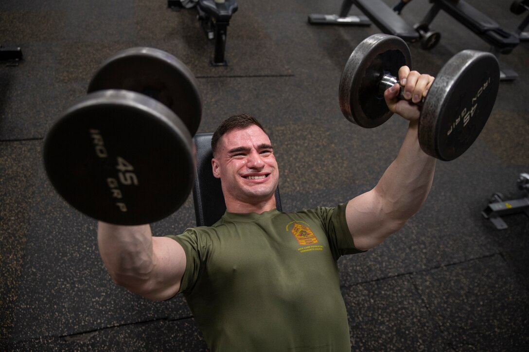 Sgt. Julian M. Arroyo, career planner with Marine Wing Support Squadron 271, Marine Wing Support Group 27, 2nd Marine Aircraft Wing, poses for a photo at Marine Corps Air Station Cherry Point, N.C., Feb. 19, 2020. “Don’t let setbacks or adversity discourage you from embarking on the journey to accomplish your personal goals.” said Arroyo, a San Antonio, native. According to his leadership, Arroyo’s leadership nominated him for “being a physical monster that has a passion for helping the Marines continue to be Marines.” (U.S. Marine Corps photo by Cpl. Damaris Arias)