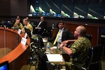 U.S. Navy Adm. Charles Richard, commander of U.S. Strategic Command briefs Secretary of Defense Dr. Mark T. Esper on the orientation of the command’s battle deck at Offutt Air Force Base, Neb., Feb. 20, 2020.  During his visit, Esper toured the command’s global operations center and participated in discussions with Richard, other senior leaders and warfighters on strategic deterrence in the 21st century.