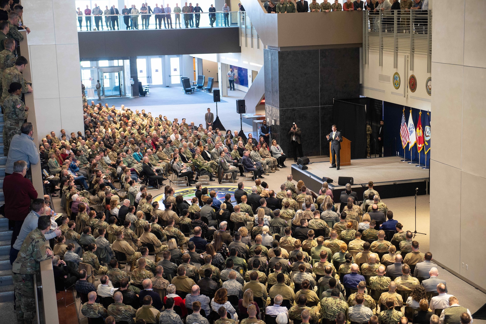 Secretary of Defense Dr. Mark T. Esper speaks to soldiers, sailors, airmen, Marines, civilians and spouses assigned to Offutt Air Force Base, Neb., during a town hall meeting at the U.S. Strategic Command (USSTRATCOM) Command and Control Facility, Feb. 20, 2020. During the event, Secretary Esper thanked USSTRATCOM, 55th Wing, tenant units, and their families for their service, and took their questions about a variety of topics on their minds, from the mission to supporting their families.