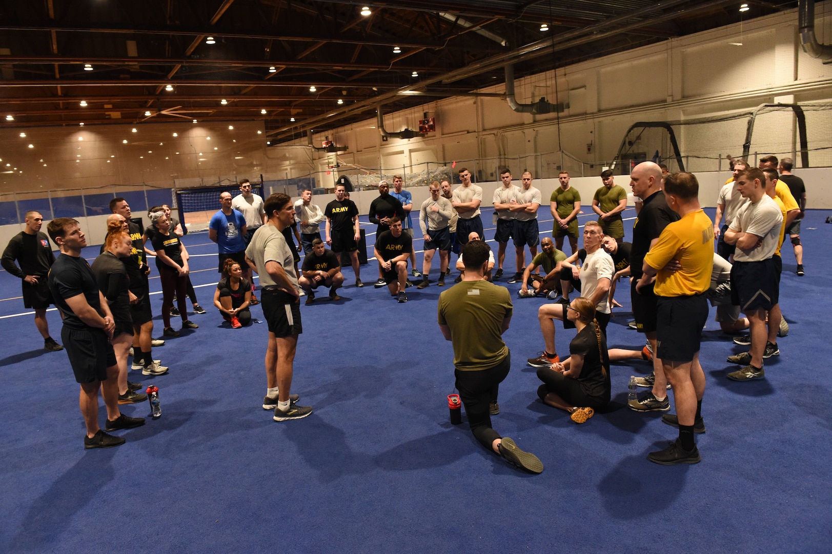 Secretary of Defense Dr. Mark T. Esper engages with U.S. Strategic Command (USSTRATCOM) and 55th Wing service members at the field house at Offutt Air Force Base, Neb., Feb. 20, 2020. Esper participated in circuit training with more than 40 USSTRATCOM and 55th Wing service members, following up the workout with a question and answer session.