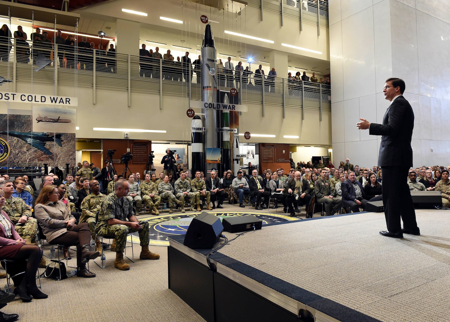 Secretary of Defense Dr. Mark T. Esper speaks to soldiers, sailors, airmen, Marines, civilians and spouses assigned to Offutt Air Force Base, Neb., during a town hall meeting at the U.S. Strategic Command (USSTRATCOM) Command and Control Facility, Feb. 20, 2020. During the event, Secretary Esper thanked USSTRATCOM, 55th Wing, tenant units, and their families for their service, and took their questions about a variety of topics on their minds, from the mission to supporting their families.