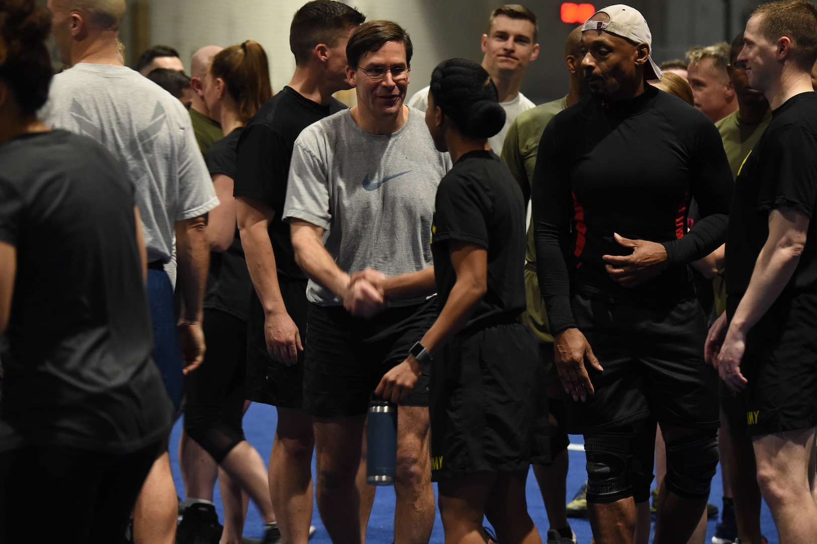 Secretary of Defense Dr. Mark T. Esper engages with U.S. Strategic Command (USSTRATCOM) and 55th Wing service members at the field house at Offutt Air Force Base, Neb., Feb. 20, 2020. Esper participated in circuit training with more than 40 USSTRATCOM and 55th Wing employees, following up the workout with a question and answer session.